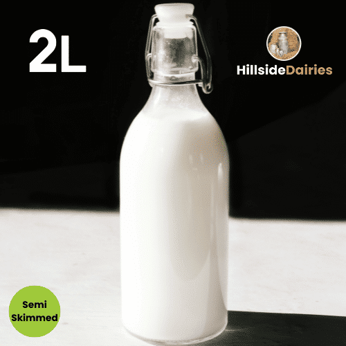 2-litre bottle of semi-skimmed milk with free delivery from Hillside Dairies.