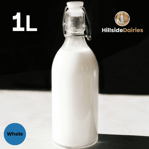 1-litre bottle of whole milk with free delivery from Hillside Dairies.