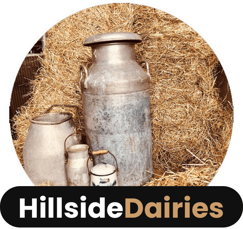 Milk bottles branded with Hillside Dairies logo.